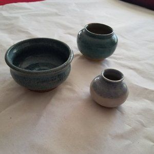 3 Mini Ceramic Handmade Vases Bowls Cute Blue